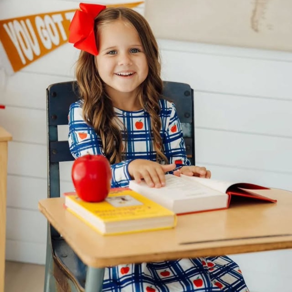 Girls' Mila & Rose Blue Plaid Dress with Red Apple Print